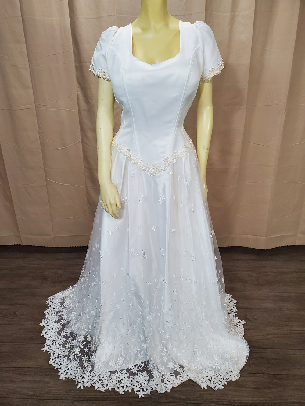 Mary's Bridal White Lace-Embellished Satin Wedding Gown